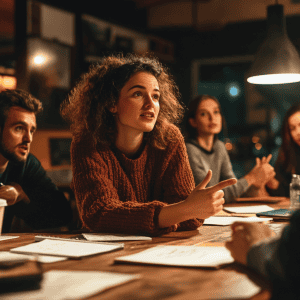 Four adults at a wooden table lean in and debate ideas—woman in a rust sweater gestures over scattered notes—illustrating collaborative critical thinking.