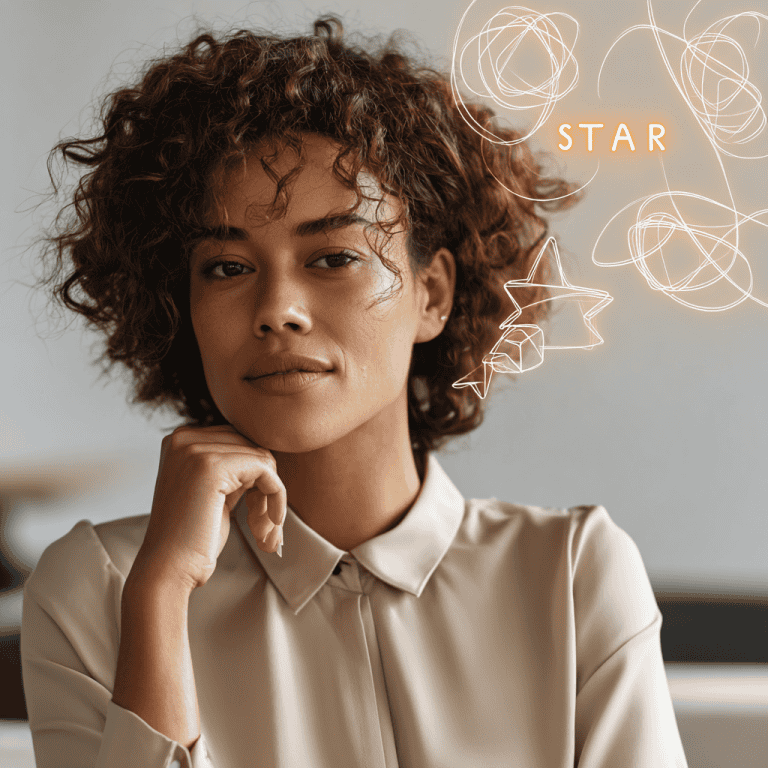 Young professional thoughtfully working on her Star answer